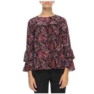 Michael Kors‎ Women's  Paisley-Print Tiered-Sleeve Top Maroon Blouse Size Large
